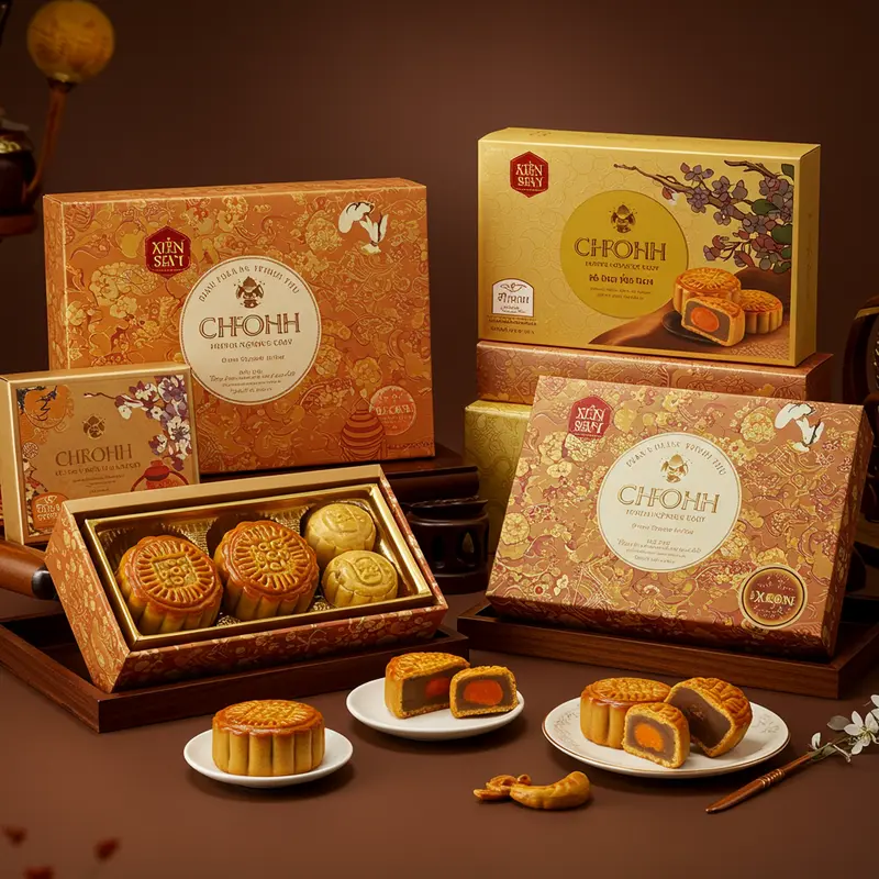 Bánh Trung Thu cao cấp trong hộp quà sang trọng được bày trí nghệ thuật, ánh sáng ấm áp.