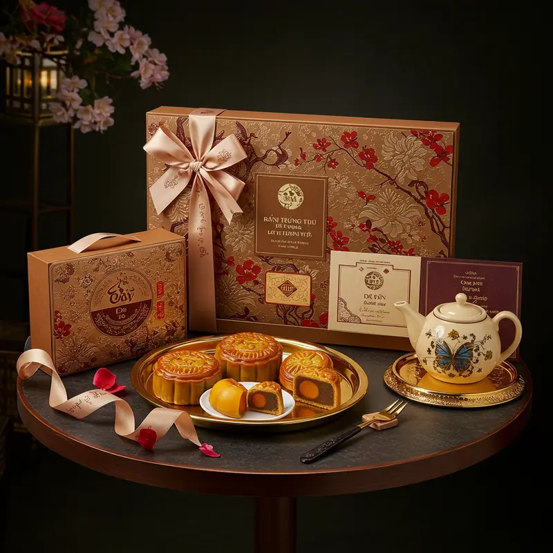 Bánh trung thu cao cấp được trưng bày tinh tế tại khách sạn 5 sao.