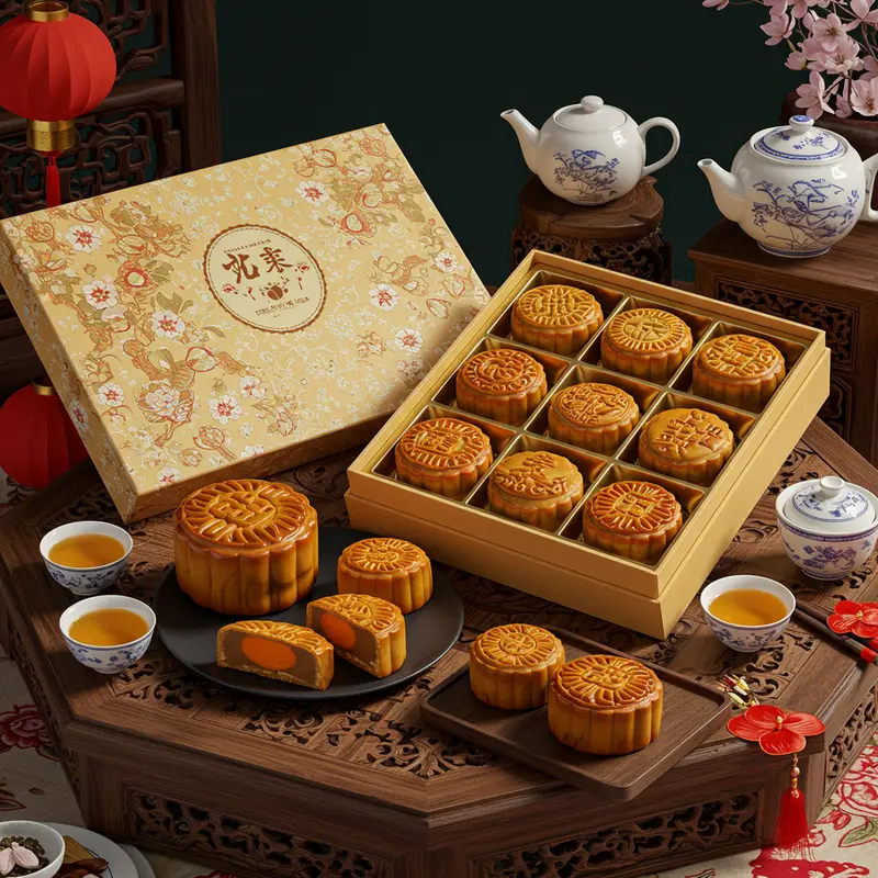 Hộp quà bánh trung thu sang trọng với bánh nhỏ lớn, bên cạnh bộ ấm trà truyền thống.