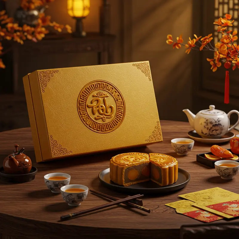 Hộp bánh Trung Thu cao cấp có logo nổi bật, xung quanh là tách trà và trang trí Trung Thu truyền thống.