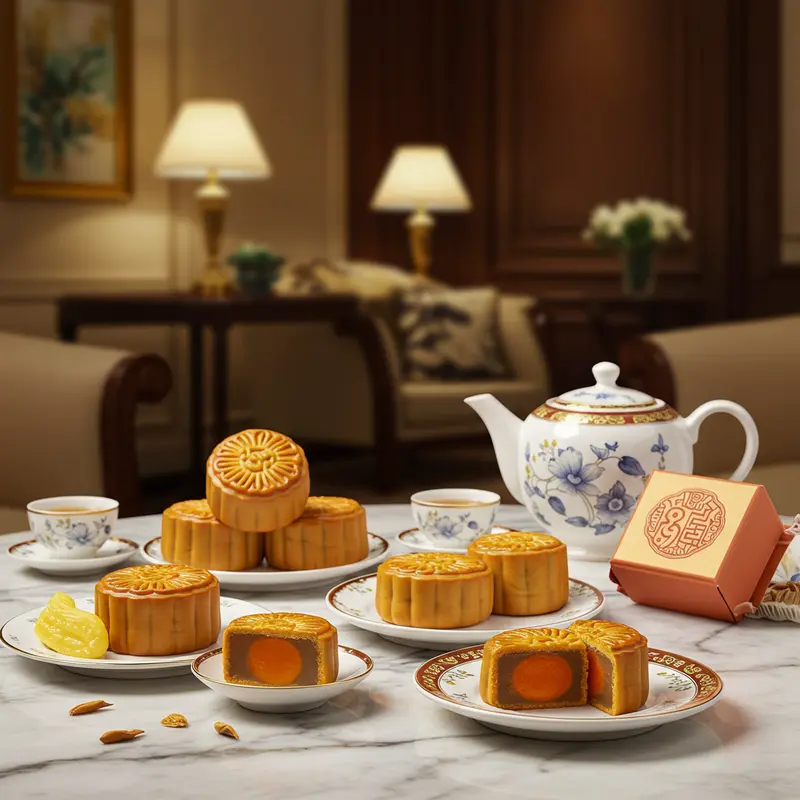 Bánh trung thu cao cấp được trưng bày tinh tế tại khách sạn 5 sao.