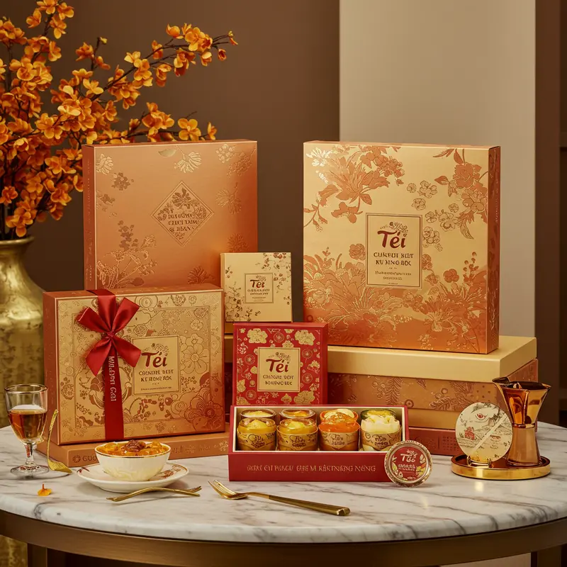 Bộ hộp quà Tết, bánh Trung Thu cao cấp Maisonbox trên bàn đá, ánh sáng ấm áp.