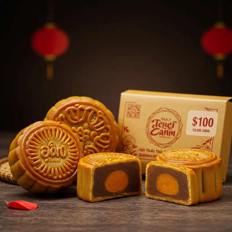 Bánh trung thu cao cấp với lớp vỏ vàng óng và hộp quà sang trọng.