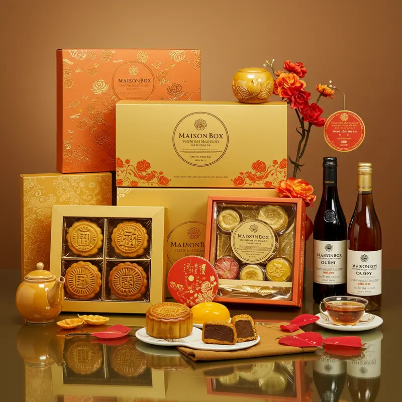 Hộp quà Trung Thu kết hợp bánh, trà và rượu vang cao cấp.