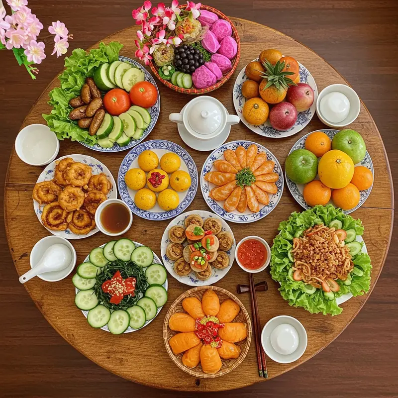 Gia đình nhiều thế hệ sum vầy chuẩn bị mâm cơm tất niên truyền thống.