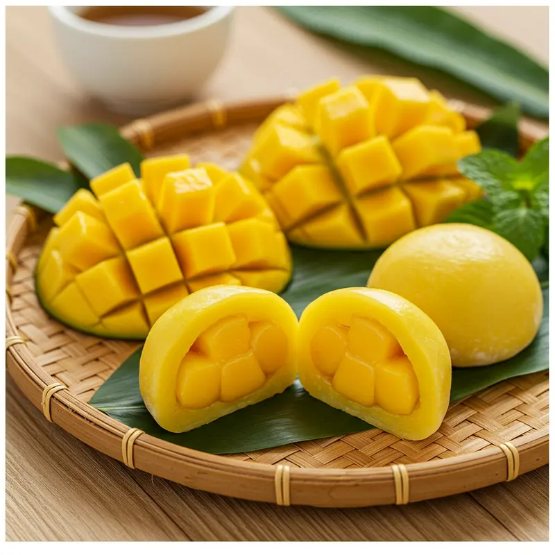 Mochi trái cây nhiều màu sắc với nhân dâu tây, việt quất, xoài tươi mát.