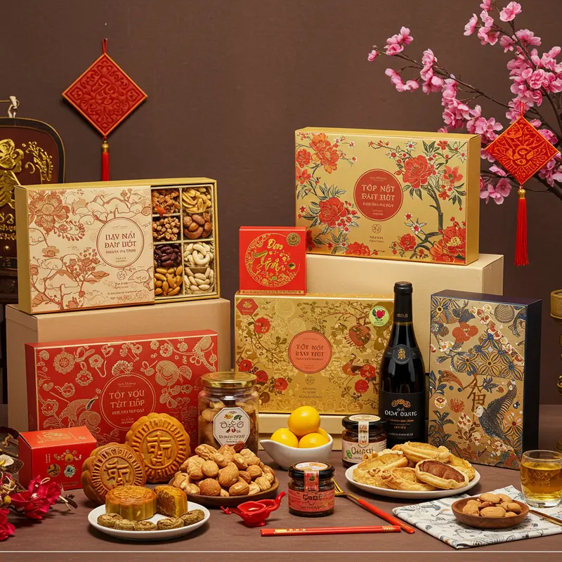 Hộp quà Tết sang trọng tạo không khí ấm áp nơi công sở.
