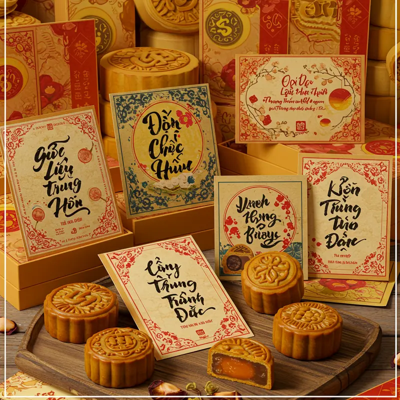 Hộp bánh Trung Thu cao cấp và thiệp chúc mừng tinh tế trên bàn gỗ sang trọng.