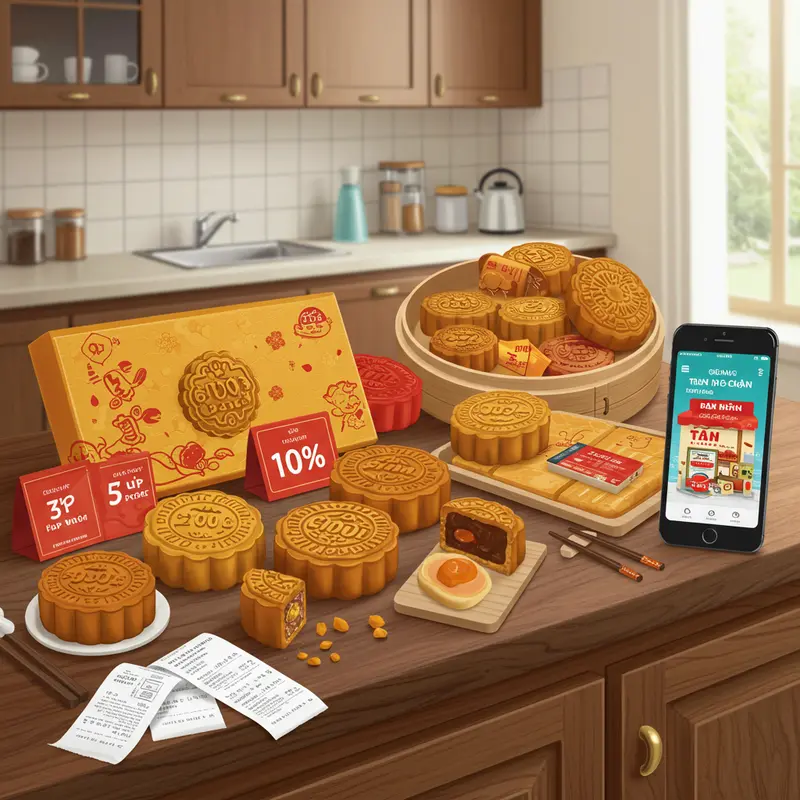 Bánh trung thu tầm trung đủ kiểu dáng và màu sắc bày đẹp mắt trên bàn.