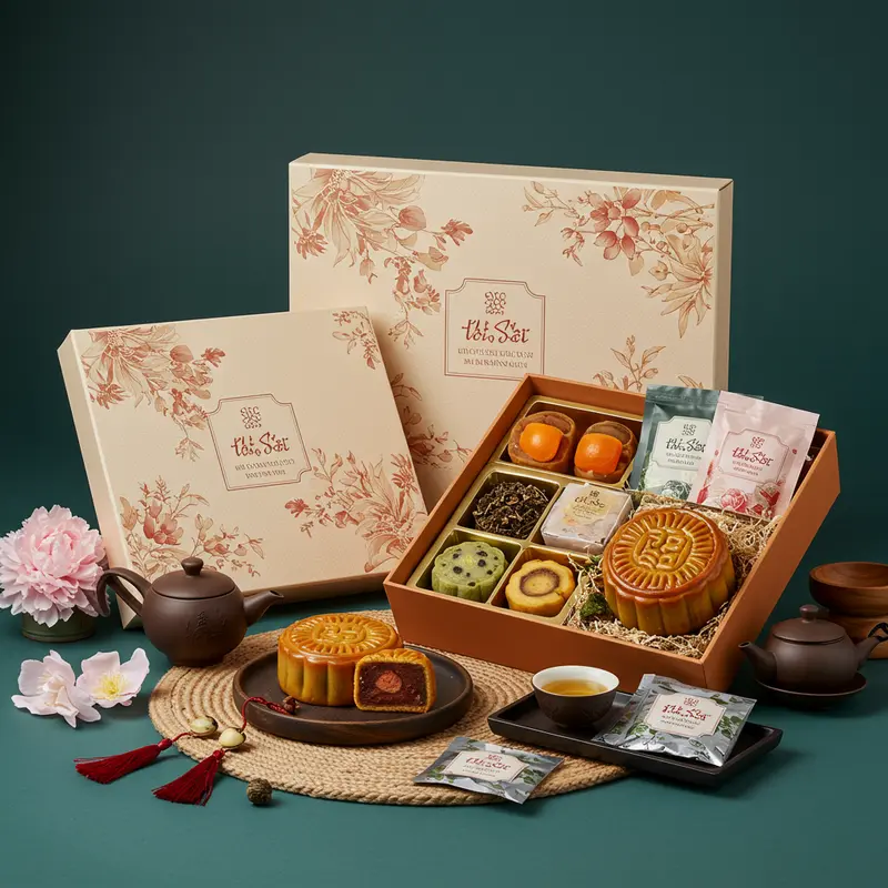 Bàn tiệc bánh Trung thu hiện đại đi cùng trà thơm nóng hổi.