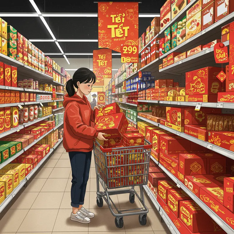 Hộp quà Tết giá rẻ với trà, mứt và bánh, bày trên bàn tre.