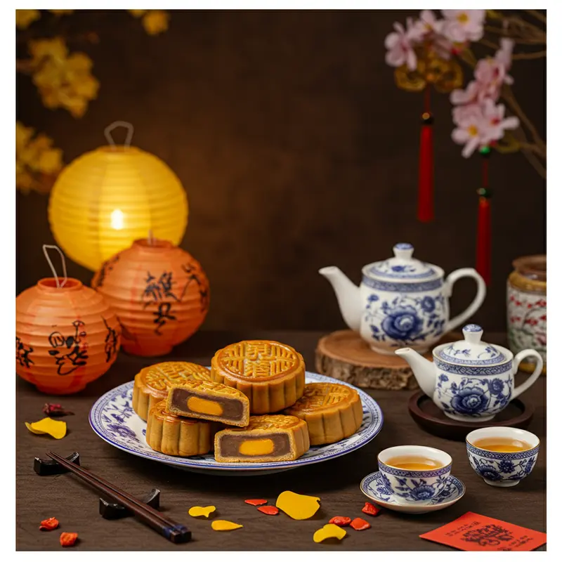 Khung cảnh Trung Thu với bánh Trung Thu ít đường, trà và đèn lồng, không khí gia đình sum vầy.