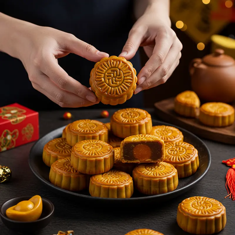 Bàn tay nghệ nhân nâng chiếc bánh trung thu mini vừa nướng, cạnh nhiều bánh mini trên đĩa.