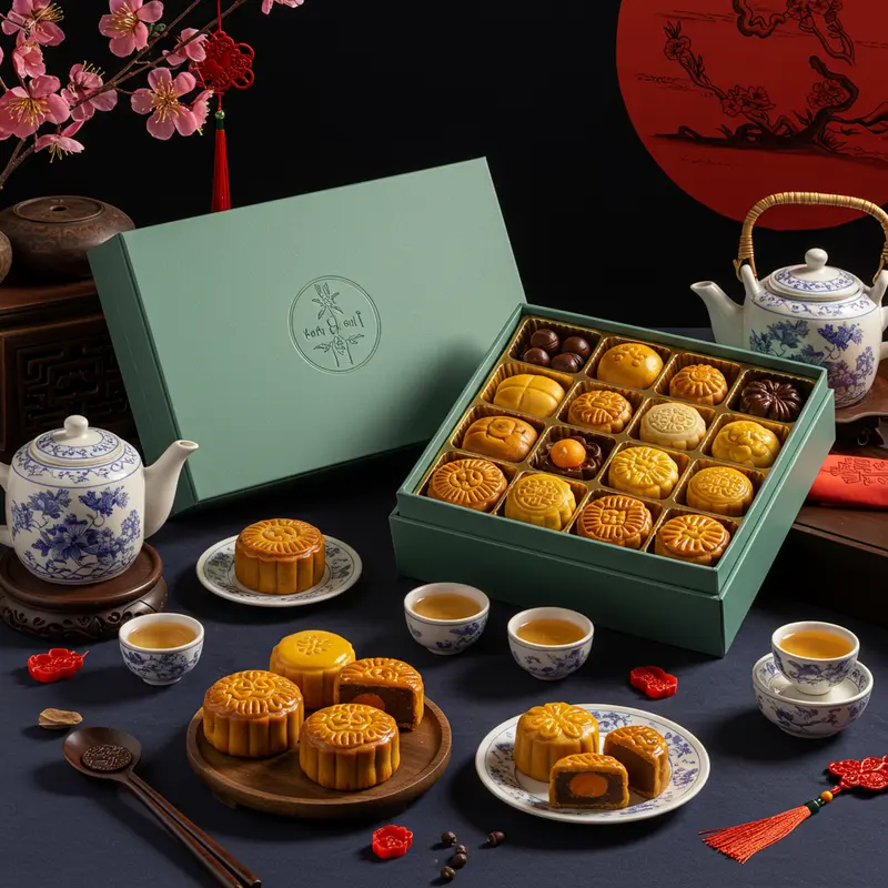 Bánh trung thu mini trong hộp đẹp mắt cùng ấm chén và trang trí Trung Thu truyền thống.