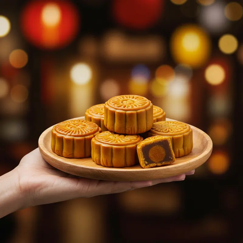 Bánh trung thu mini được trình bày đẹp mắt trên đĩa gỗ, làm nổi bật sự tinh tế và hấp dẫn.