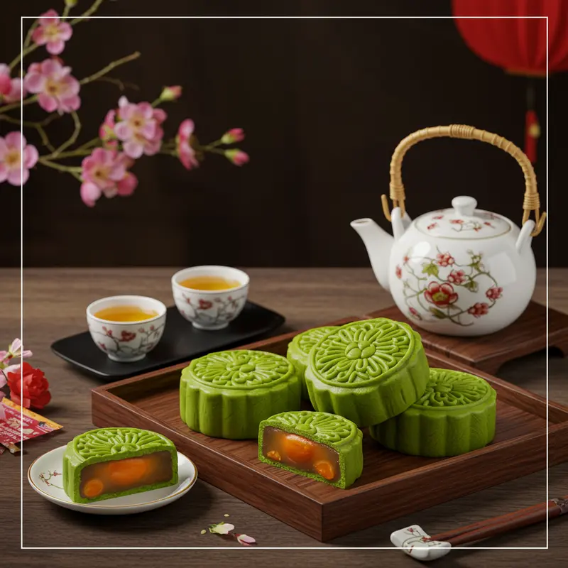 Bánh trung thu mochi trà xanh đầy màu sắc trên khay gỗ sang trọng cùng ấm trà kiểu Nhật.