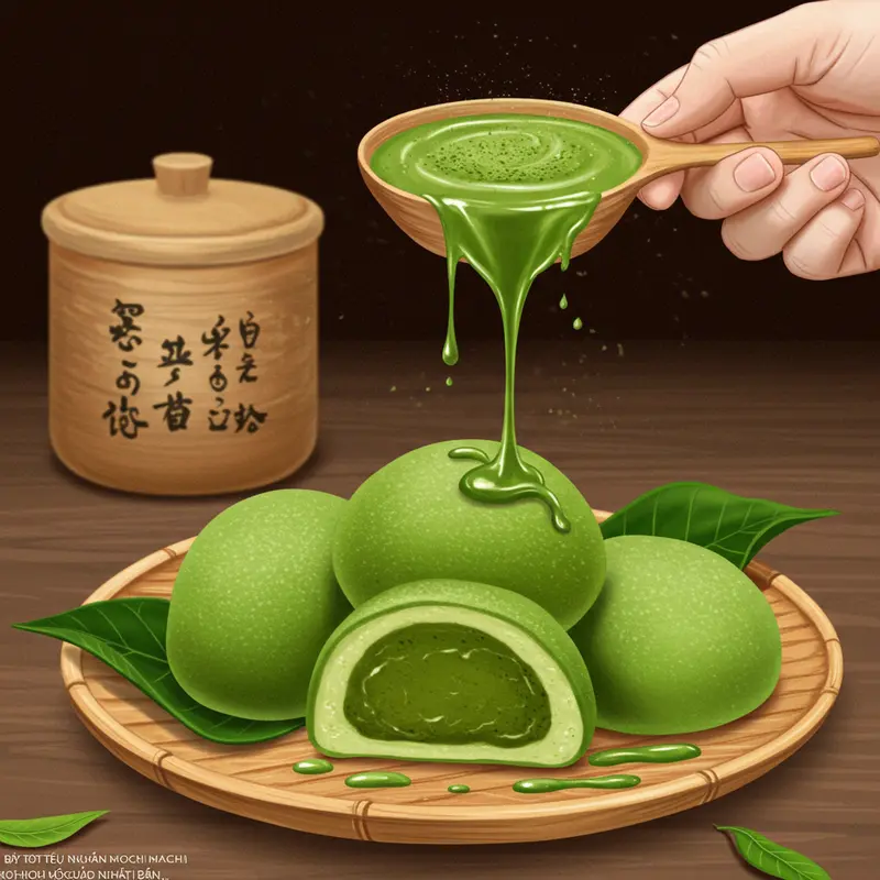 Bánh mochi nhân matcha trên đĩa phong cách Nhật, bên cạnh ly trà xanh.