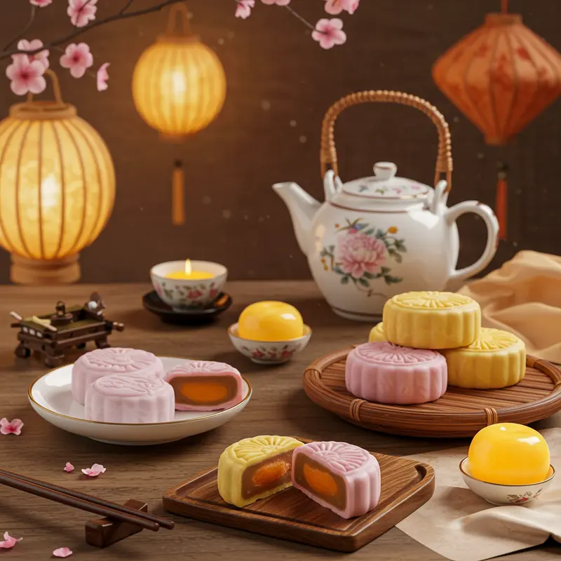 Bàn tiệc Trung Thu với bánh trung thu mochi, bình trà và lồng đèn truyền thống.