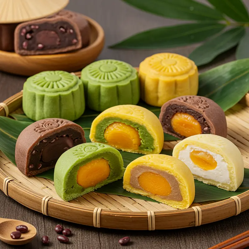 Bánh trung thu mochi đa dạng màu sắc và nhân, đặt trên đĩa sứ sang trọng.