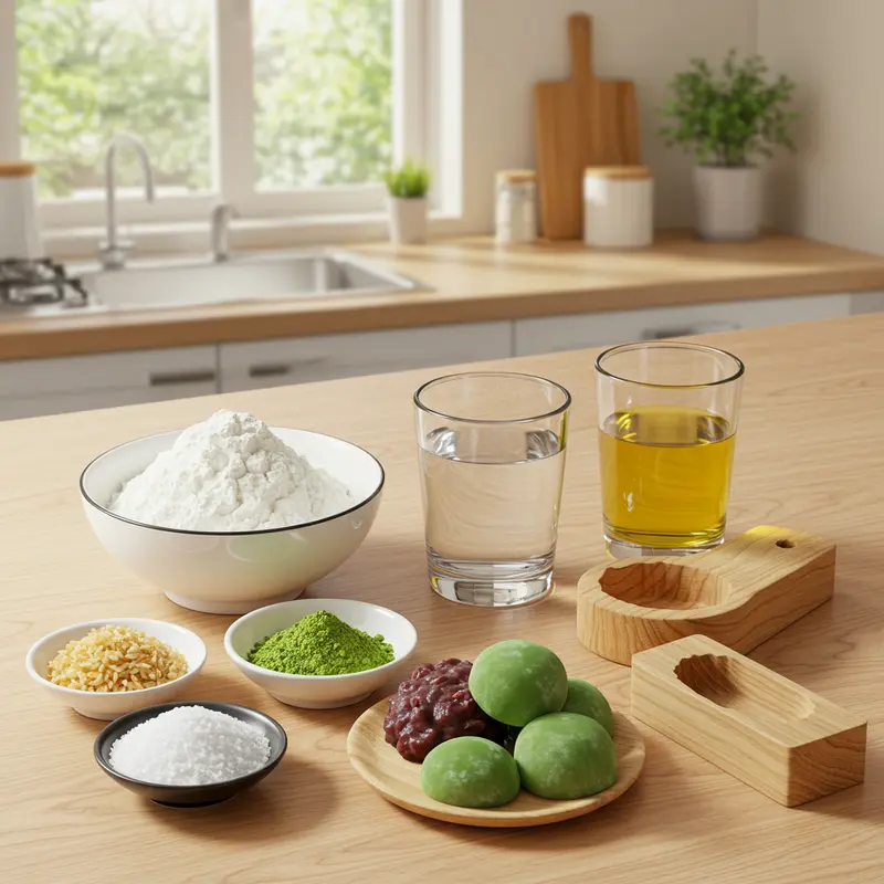 Bánh trung thu mochi trà xanh đầy màu sắc trên khay gỗ sang trọng cùng ấm trà kiểu Nhật.