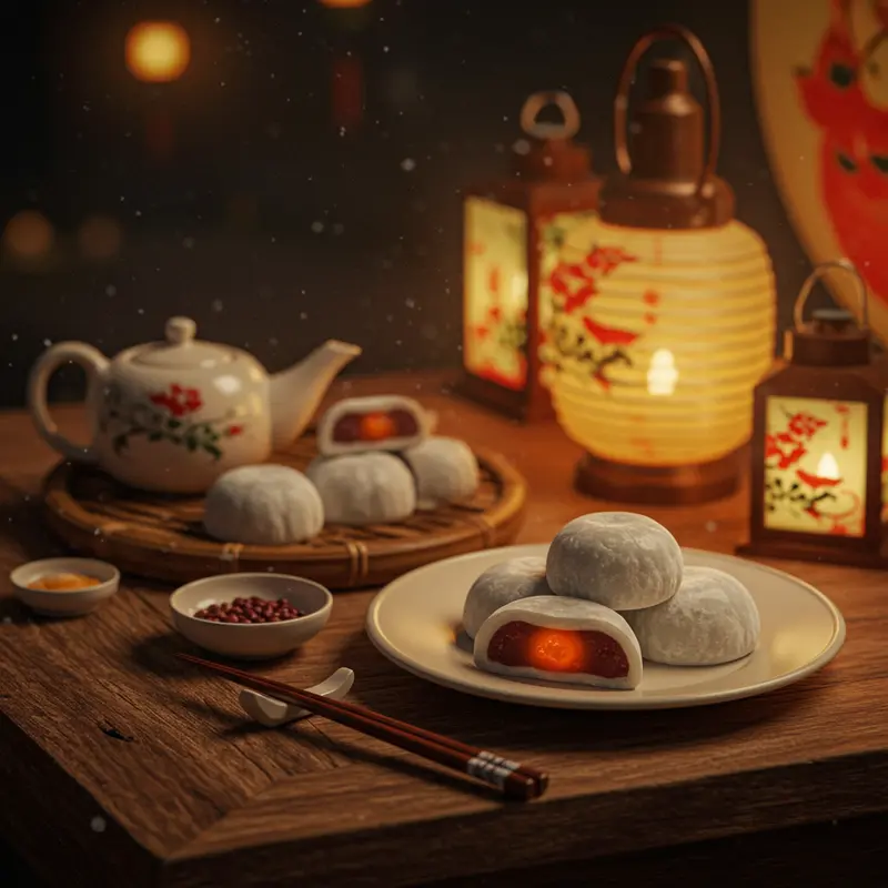 Đĩa bánh Trung Thu mochi nhân đậu đỏ bên lồng đèn, biểu tượng của sự đoàn viên.