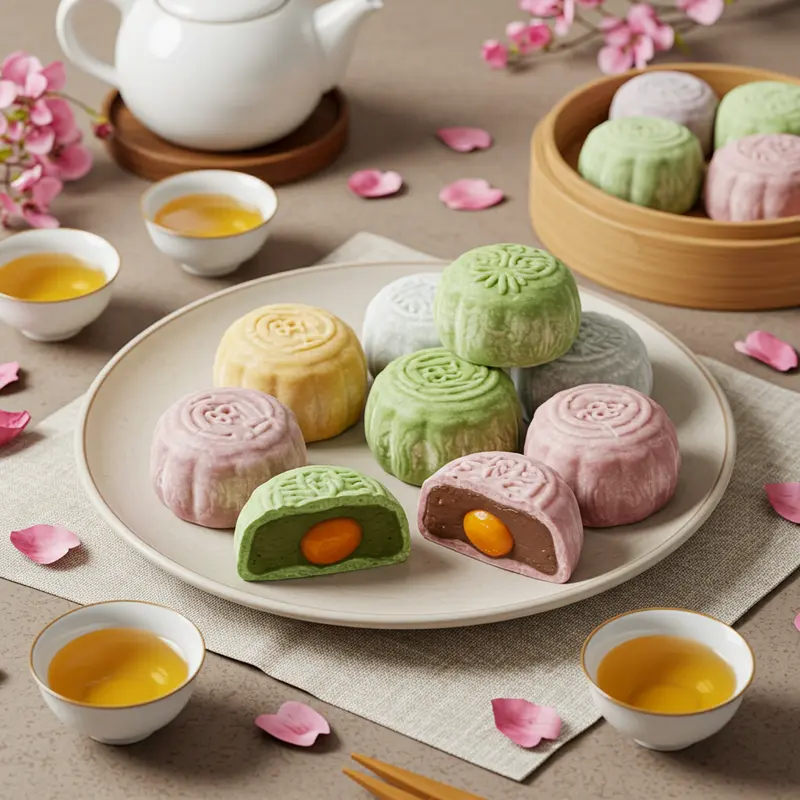 Đĩa bánh Trung Thu mochi dẻo lạnh, đầy đủ màu sắc và nhân, bên cạnh tách trà và hoa trang trí.