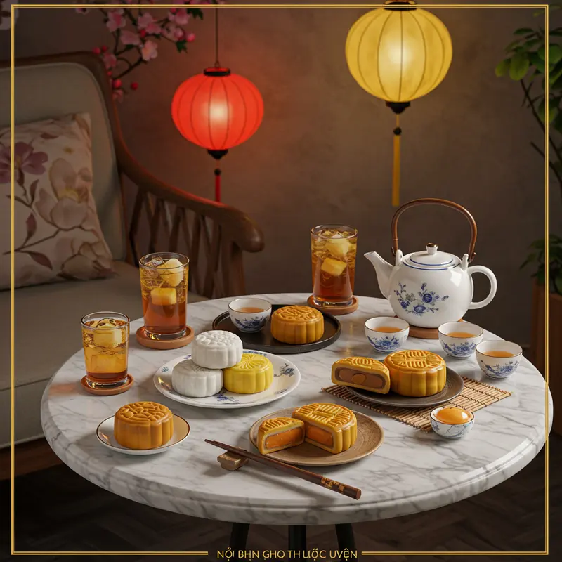 Bàn tròn với bánh mochi Trung Thu, ấm trà và các loại đồ uống hiện đại, không chữ.