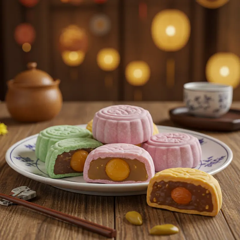 Bánh trung thu mochi đa dạng màu sắc và nhân, đặt trên đĩa sứ sang trọng.