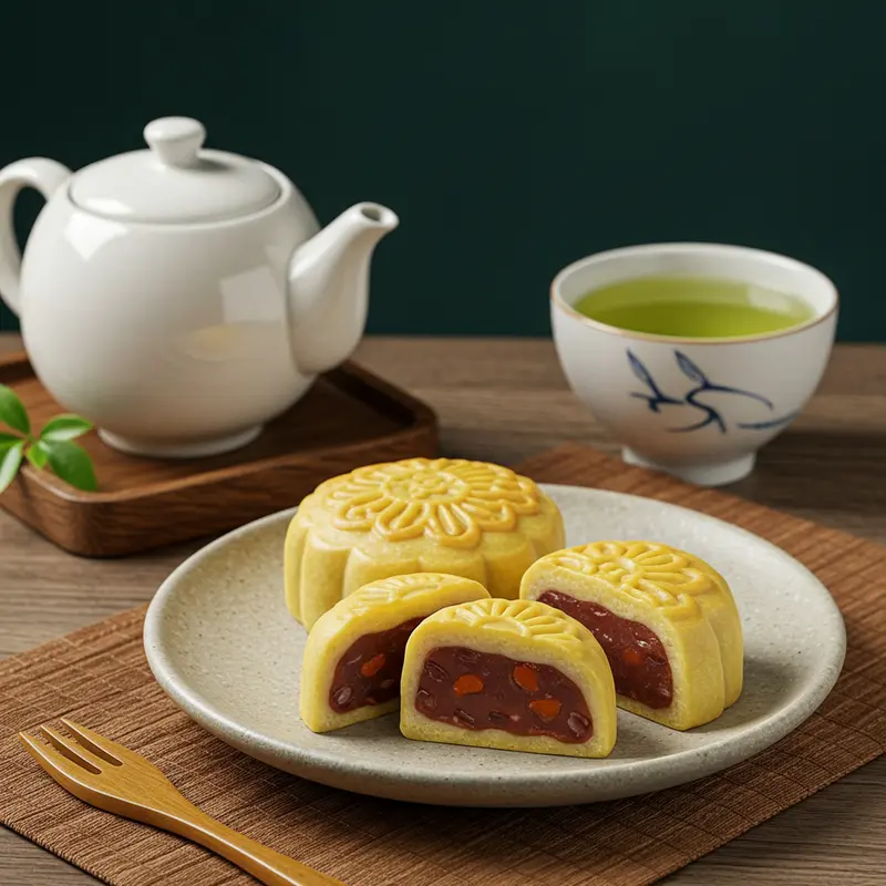 Đĩa bánh Trung Thu mochi nhân đậu đỏ bên lồng đèn, biểu tượng của sự đoàn viên.
