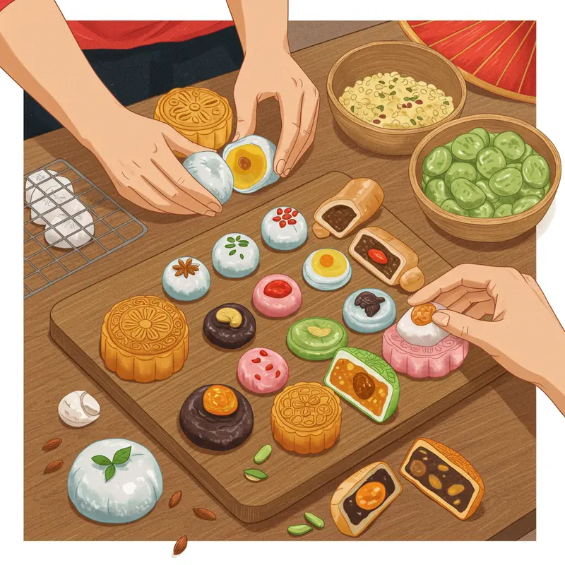 Bánh Trung Thu mochi đủ màu sắc, tròn đều, mịn màng được bày biện đẹp mắt.