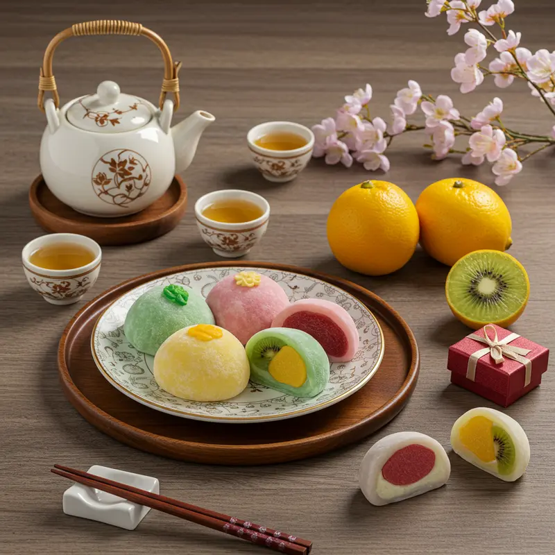 Mochi trái cây nhiều màu sắc với nhân dâu tây, việt quất, xoài tươi mát.
