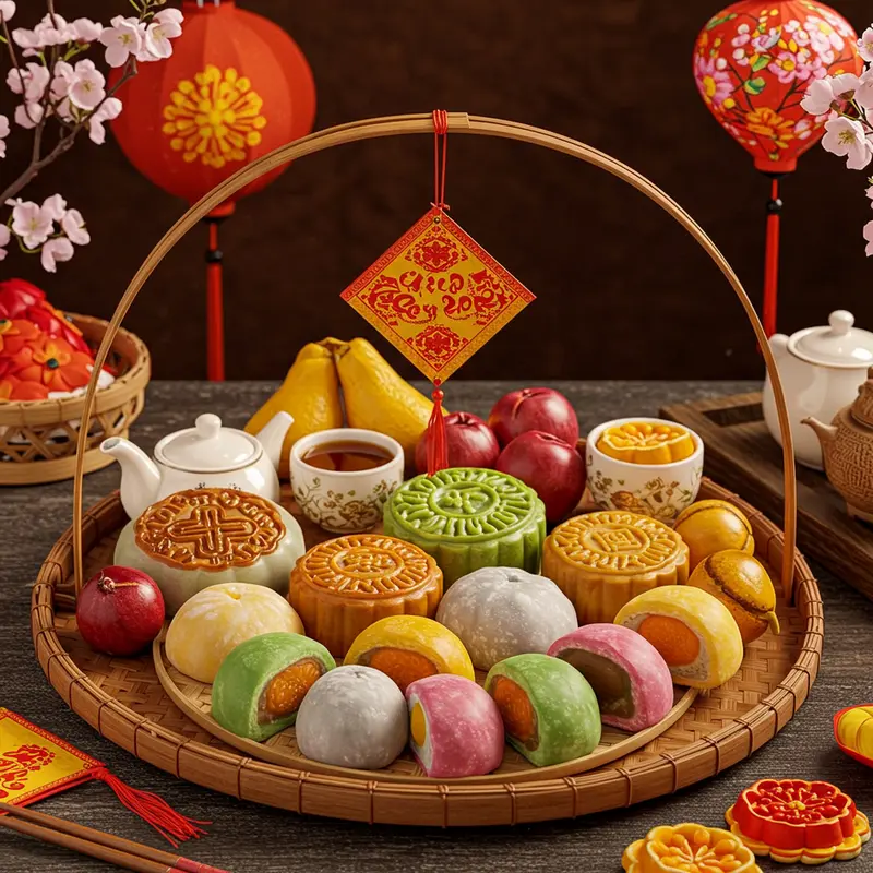 Bánh mochi Nhật Bản và mochi Trung Thu Việt Nam trên cùng bàn truyền thống.