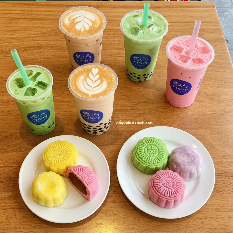 Bánh Trung Thu mochi với nhiều loại nhân đa sắc màu, bày trên khay gỗ.