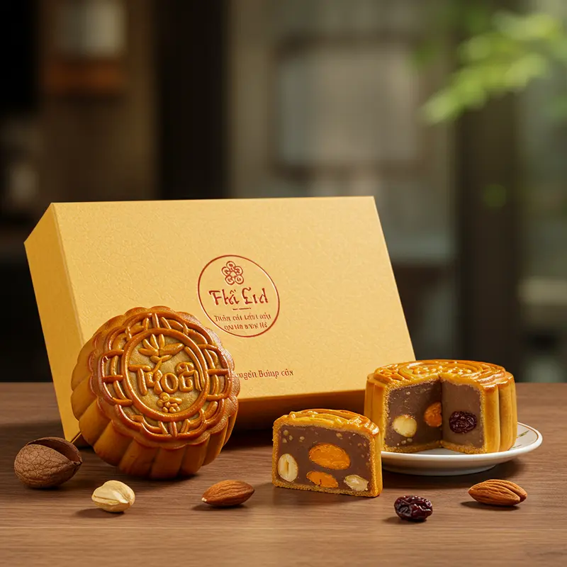 Hộp bánh Trung Thu sang trọng chứa bánh nhân thập cẩm đa dạng nguyên liệu trên bàn gỗ