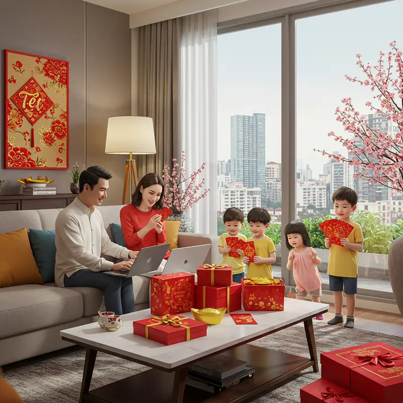 Cảnh gia đình Việt xưa sum vầy, gói bánh chưng chuẩn bị đón Tết.