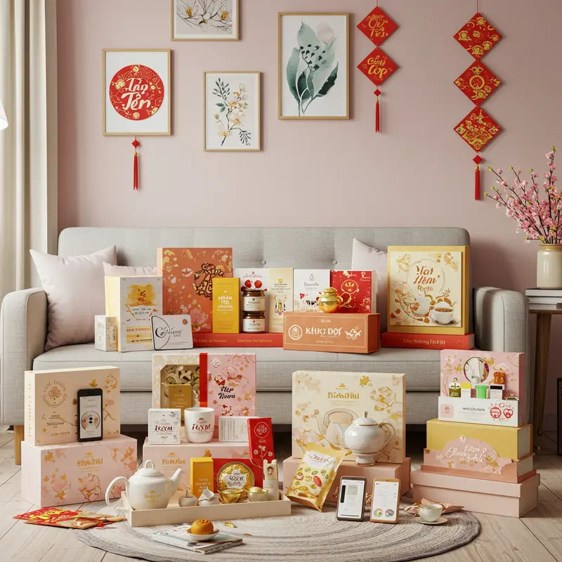 Khoảnh khắc sum vầy bên hộp quà Tết, gắn kết các thành viên trong gia đình nhiều thế hệ.