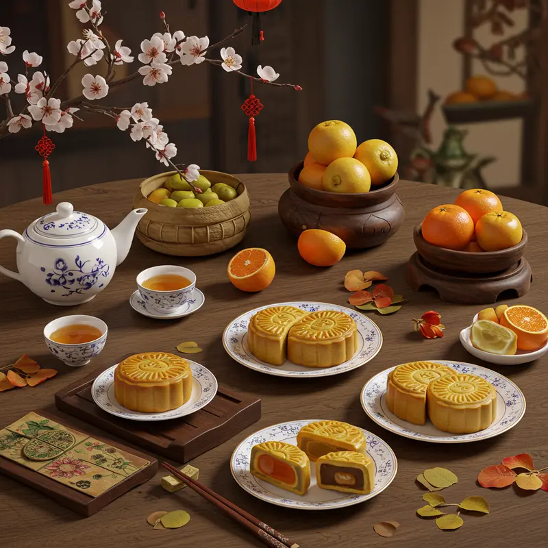 Đĩa bánh Trung Thu mochi nhân đậu đỏ bên lồng đèn, biểu tượng của sự đoàn viên.