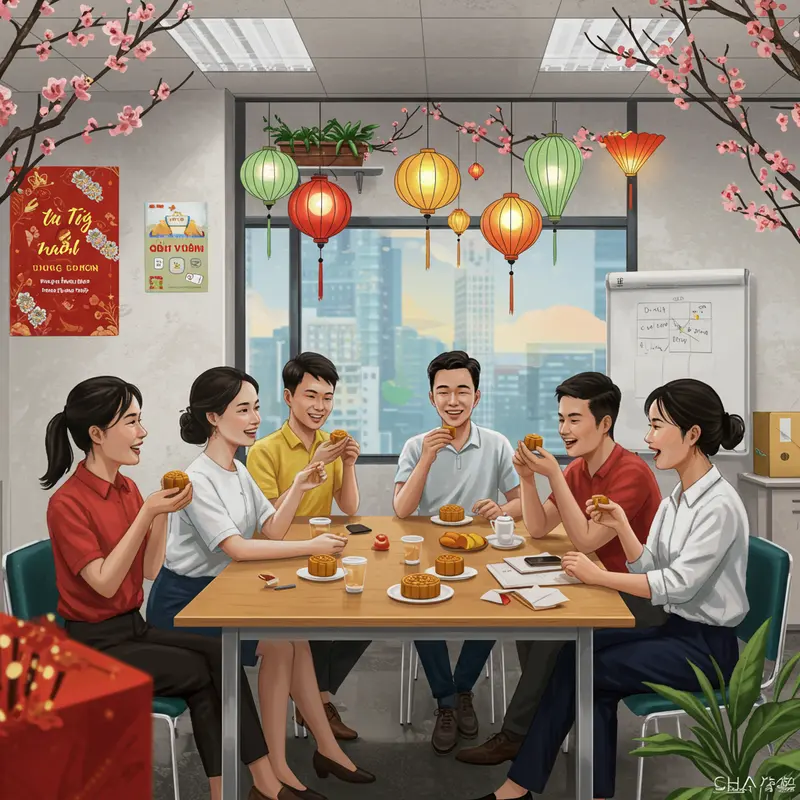 Nhân viên công sở cùng nhau thưởng thức bánh Trung Thu trong không khí thân thiện.