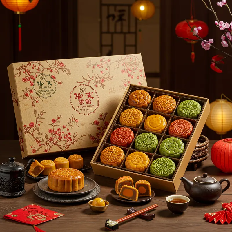 Hộp quà bánh Trung Thu gồm nhiều loại bánh khác nhau, đặt trên bàn tiệc cùng đèn lồng và ấm trà.