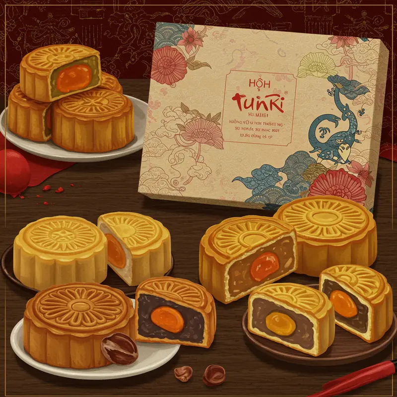 Bánh trung thu cao cấp được trưng bày tinh tế tại khách sạn 5 sao.