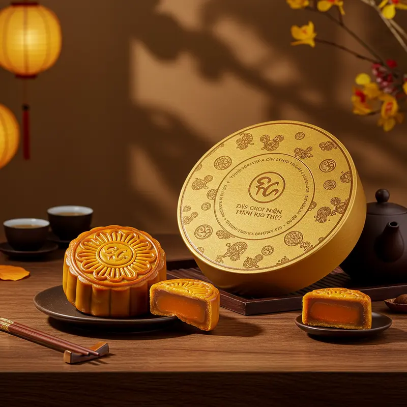 Hộp bánh Trung Thu sang trọng với logo nổi bật, phù hợp làm quà tặng tri ân.
