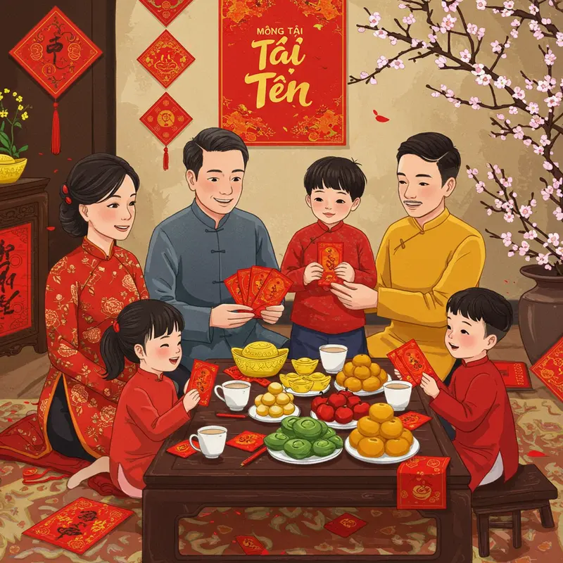 Gia đình Việt sum vầy cùng nhau trao lì xì, bàn tiệc truyền thống và hoa mai vàng ngày Tết.