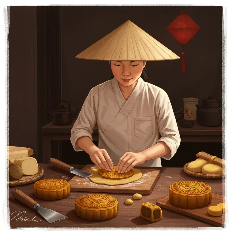 Bàn tay nghệ nhân tạo hình bánh trung thu truyền thống.