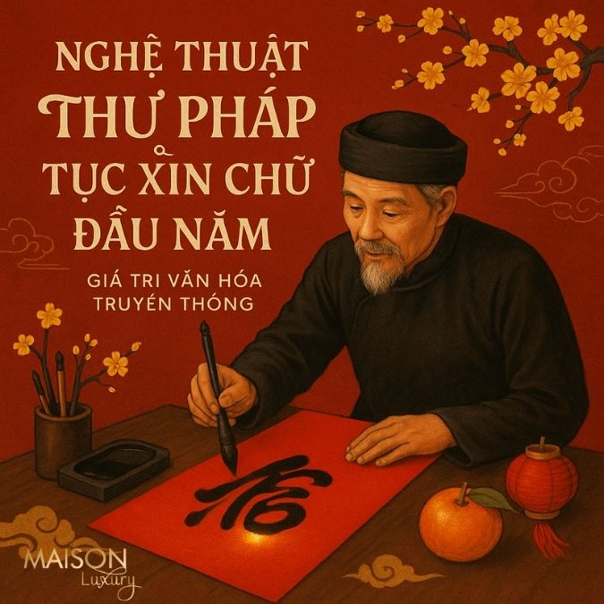 Một nghệ nhân nối truyền thống Việt Nam đang viết thư pháp bằng bút lông trên giấy trắng.