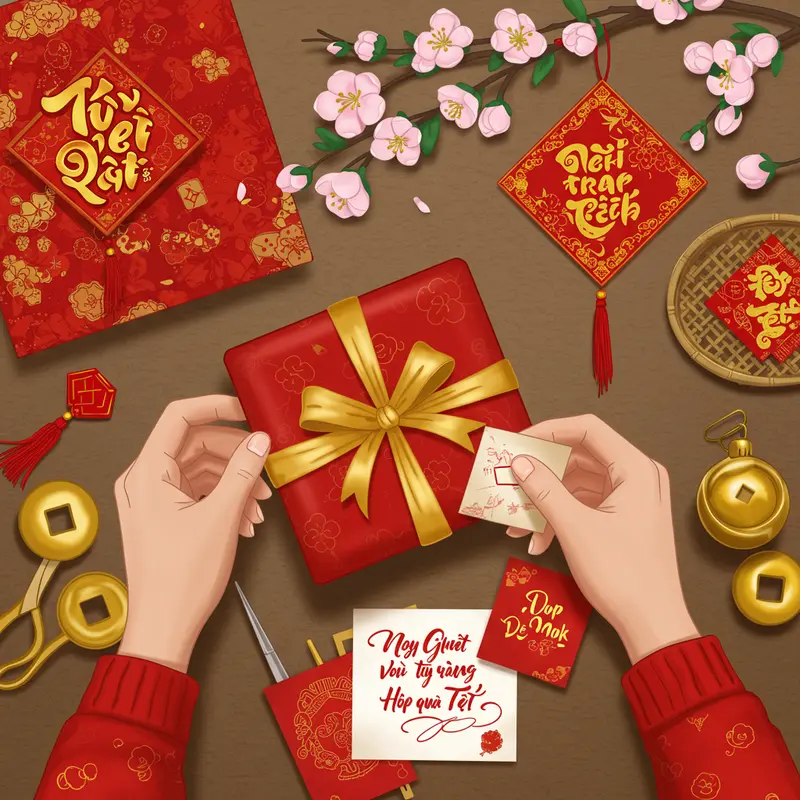 Hộp quà Tết truyền thống đậm nét văn hóa Việt Nam với trà, mứt, bánh kẹo đặt trên bàn gỗ, trang trí hoa xuân.