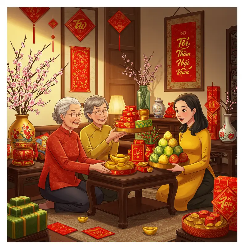 Gia đình chuẩn bị quà Tết, trang phục chỉn chu và bao lì xì đỏ truyền thống.