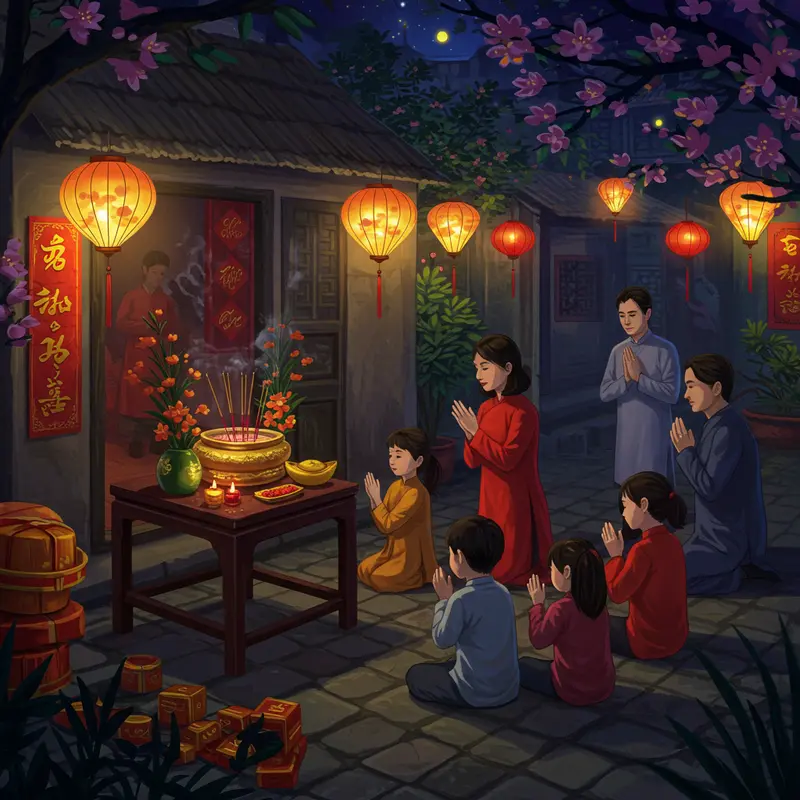 Gia đình quây quần bên bàn thờ truyền thống ngày Tết.