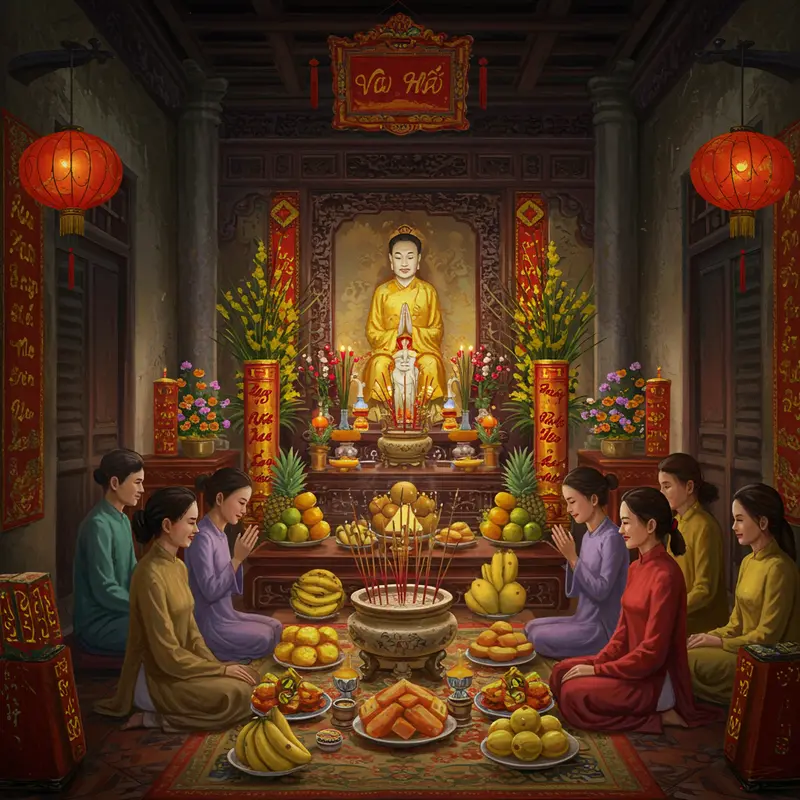 Gia đình nhiều thế hệ sum vầy chuẩn bị mâm cơm tất niên truyền thống.