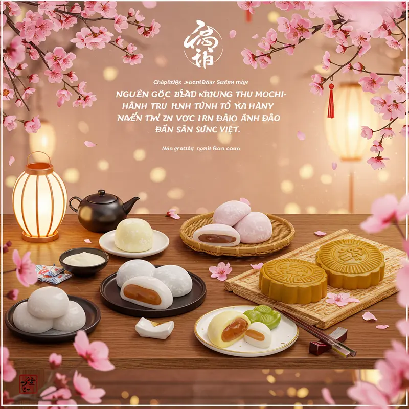 Bánh mochi Nhật Bản và mochi Trung Thu Việt Nam trên cùng bàn truyền thống.