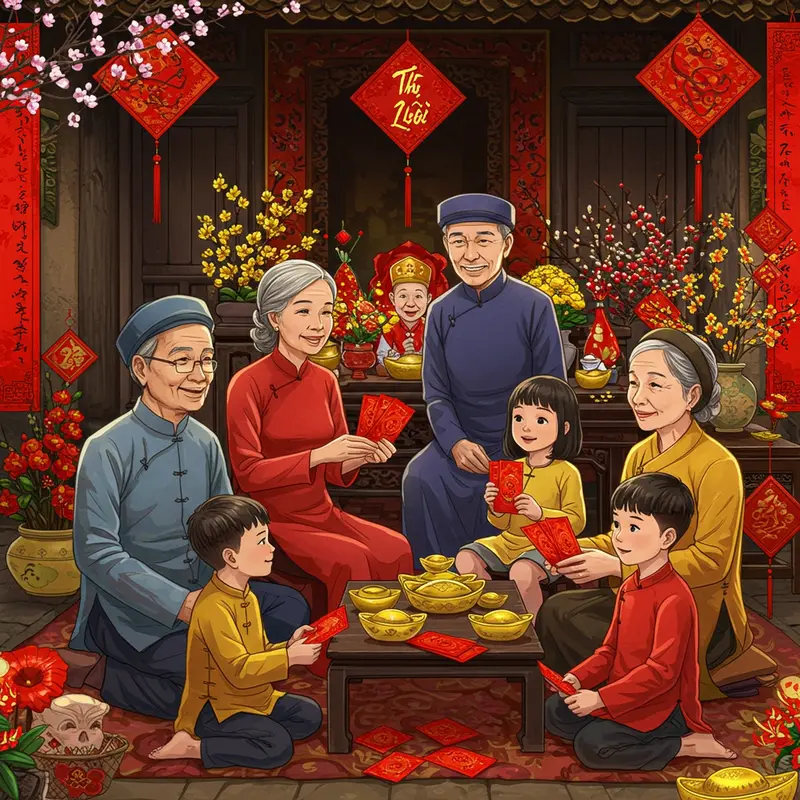 Gia đình Việt xưa trao lì xì trong ngôi nhà cổ truyền thống ngày Tết.